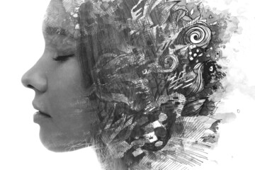 Paintography. A black and white profile portrait of a woman combined with abstract ink shapes.