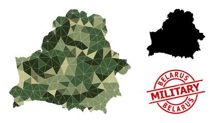 Low-Poly mosaic map of Belarus, and grunge military watermark. Low-poly map of Belarus designed from scattered khaki colored triangles. Red round stamp for military and army abstract illustrations,