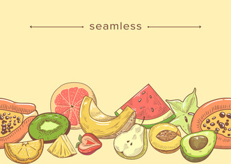 Seamless Pattern with Fresh Fruits Slices, Doodle Composition with Lime or Lemon, Strawberry, Papaya, Plum and Carambola