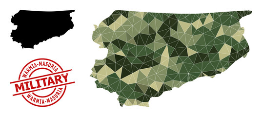 Triangulated mosaic map of Warmia-Masuria Province, and distress military stamp seal. Lowpoly map of Warmia-Masuria Province is combined of random camo colored triangles.