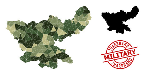 Low-Poly mosaic map of Jharkhand State, and distress military stamp print. Low-poly map of Jharkhand State constructed with random camo color triangles.