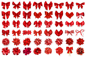 Set of 48 beautiful realistic big red bows of various shapes with shadows on white background. Vector illustration