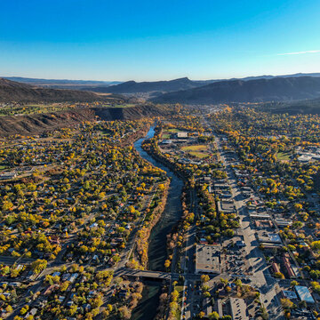 aerial view of Durango and animas river in Fall