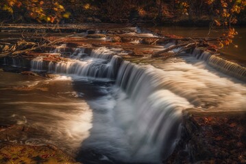 This image showcases a rushing water landscape at Cataract Falls in Indiana on a beautiful autumn day.