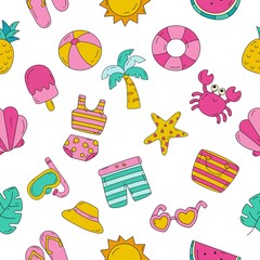 seamless pattern summer. travel and tourism on white background. vector Illustration.