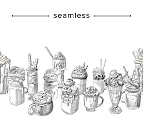 Sketch Sweet Cocktail and Drinks Seamless Doodle Background. Mugs with Chocolate, Sweets, Fruits, Berries and Sprinkles