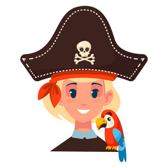 Girl in a pirate hat with a red parrot on his shoulder. Vector illustration in cartoon style.