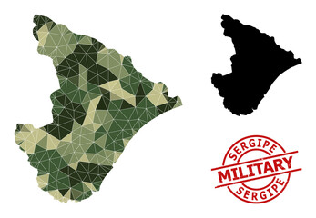 Low-Poly mosaic map of Sergipe State, and rubber military seal. Low-poly map of Sergipe State combined from chaotic camo color triangles. - obrazy, fototapety, plakaty