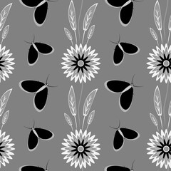 Seamless pattern, endless texture - stylized flowers and moths. Wallpapers, textiles, packaging