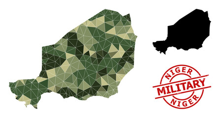 Low-Poly mosaic map of Niger, and unclean military stamp. Low-poly map of Niger is combined of chaotic khaki filled triangles. Red round stamp for military and army conceptual illustrations,