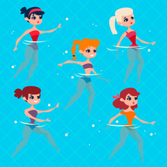 A group of girls are engaged on the background of the pool. Water aerobics with an instructor. Retro picture. Vector illustration in cartoon style.