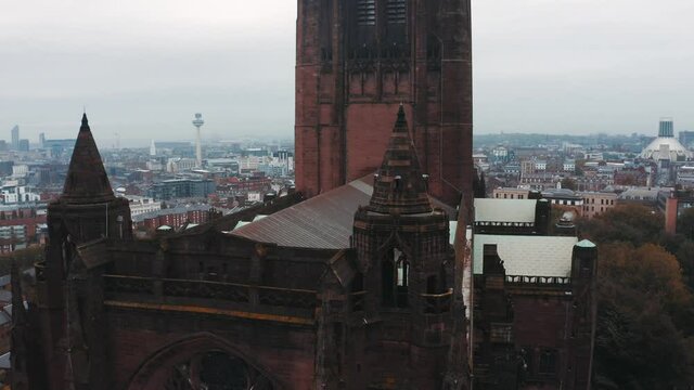 Aerial view of the Liverpool Cathedral or Cathedral Church of Christ of the Risen Christ on St James Mount in Liverpool, UK