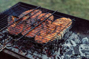 cooking fish outdoors barbecue close-up charcoal meal