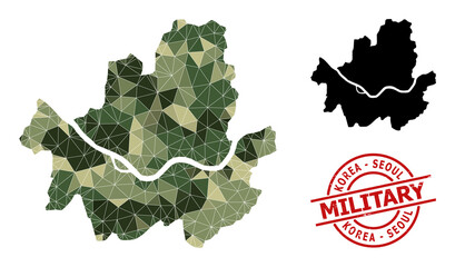 Lowpoly mosaic map of Seoul Municipality, and rough military stamp imitation. Lowpoly map of Seoul Municipality designed from scattered khaki filled triangles.