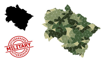 Low-Poly mosaic map of Uttarakhand State, and textured military stamp seal. Low-poly map of Uttarakhand State is constructed with randomized camo colored triangles.