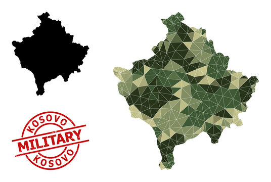 Lowpoly mosaic map of Kosovo, and scratched military stamp. Lowpoly map of Kosovo designed from chaotic khaki color triangles. Red round stamp for military and army abstract illustrations,
