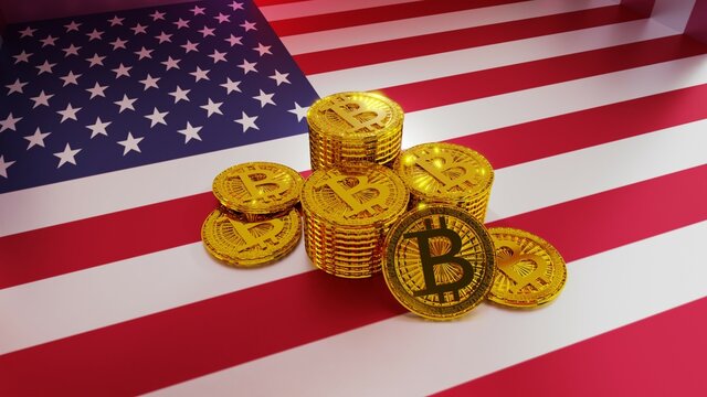 Photorealistic image of Isolated Bitcoin blockchain electronic cryptocurrency money for trade and exchange without bank for financial purpose and online trading on flag of America, USA