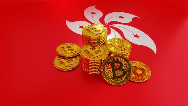 Photorealistic image of Isolated Bitcoin blockchain electronic cryptocurrency money for trade and exchange without bank for financial purpose and online trading placed on flag of Hong Kong