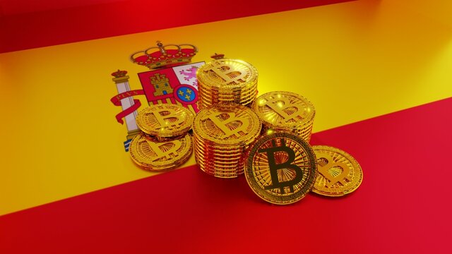Photorealistic image of Isolated Bitcoin blockchain electronic cryptocurrency money for trade and exchange without bank for financial purpose and online trading placed on flag of Spain