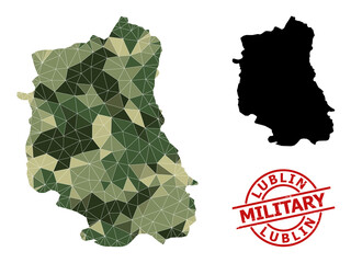 Low-Poly mosaic map of Lublin Province, and textured military stamp. Low-poly map of Lublin Province is constructed with random camouflage filled triangles.