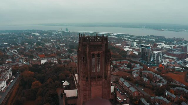 Aerial view of the Liverpool Cathedral or Cathedral Church of Christ of the Risen Christ on St James Mount in Liverpool, UK