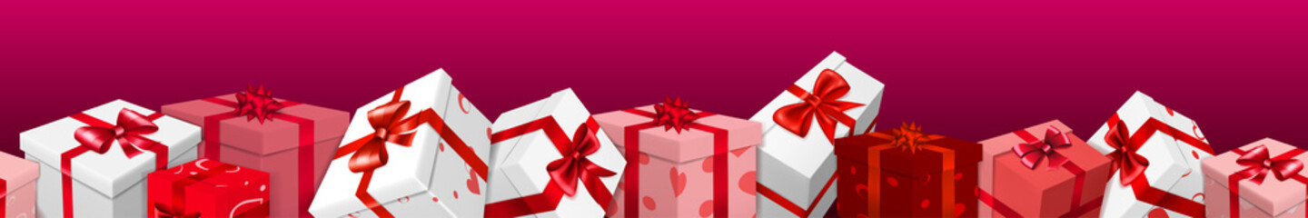 Banner with bunch of red, pink and white gift boxes with ribbons, bows and pattern of hearts. On purple background, with seamless horizontal repetition. Valentine's Day illustration.