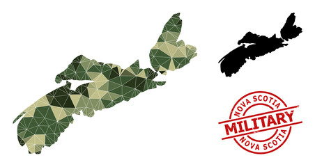 Triangle mosaic map of Nova Scotia Province, and scratched military stamp print. Low-poly map of Nova Scotia Province is designed of scattered camo colored triangles. - obrazy, fototapety, plakaty
