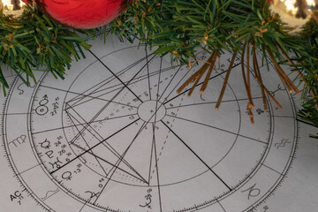 Printed astrological natal charts with Christmas decorative arrangement in the background