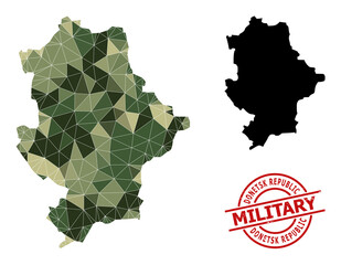 Low-Poly mosaic map of Donetsk Republic, and distress military stamp print. Low-poly map of Donetsk Republic designed from chaotic khaki filled triangles.