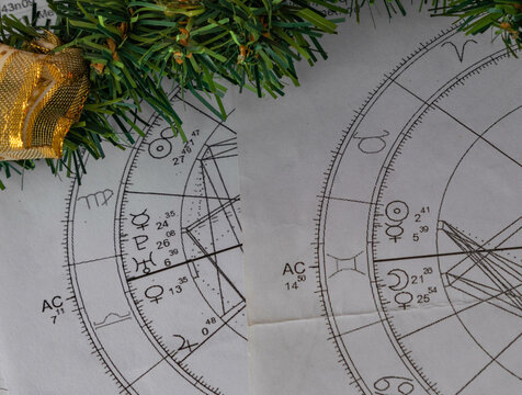 Printed astrological natal charts with Christmas decoration in the background
