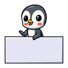 Cute little penguin cartoon with blank sign