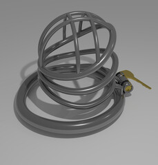 3D render of metal cock cage for BDSM play on white surface