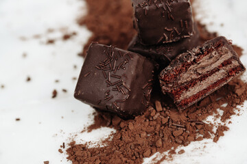 Dark Chocolate Petit Four Cakes Close Up Valentine's Day Dessert