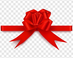 A beautiful red bow with a horizontal red ribbon isolated on a transparent background. Vector holiday decorations
