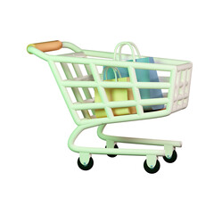 3D illustration shopping cart with shopping bags isolated on white background. 3d render illustration