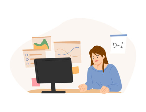 A lot of data is spread out around a computer monitor. Business woman has a stressed face. flat design style vector illustration.