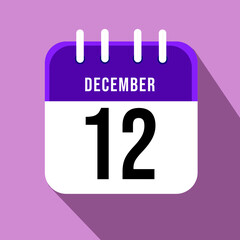 December day 12. Number twelve on a white paper with purple border on a pink background, calendar sheet. Vector illustration.