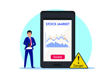 Stock market vector concept: Businessman calculating stock market on mobile phone while looking at graph