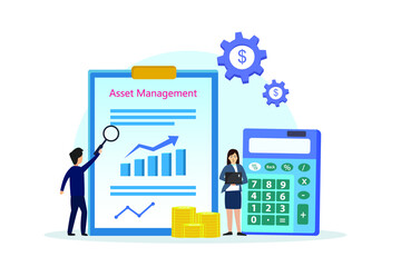 Asset management vector concept: Businesspeople checking asset management together while using magnifying glass and laptop