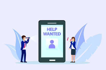 Wanted employ vector concept: Businessman looking candidates with binocular on mobile phone while young woman give announcement with megaphone 