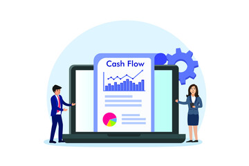 Fototapeta na wymiar Cash flow vector concept: Businesspeople discussing cash flow together while looking chart on the laptop 