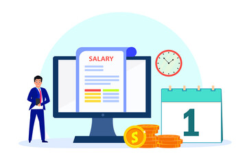 Salary vector concept: Male worker checking his salary on computer while standing with stack of coins 