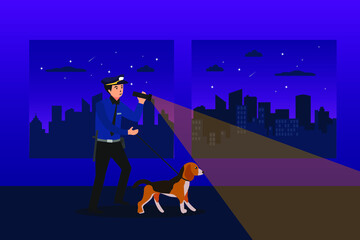 Security vector concept: Security man working in night shift with flashlight while walking with dog  - obrazy, fototapety, plakaty