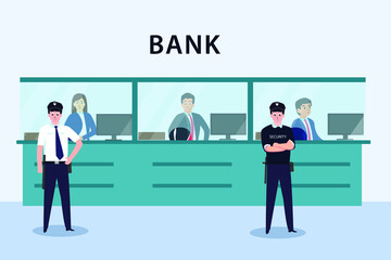 Fototapeta na wymiar Security vector concept: Two security men working together in the bank while standing in front of the cashier 