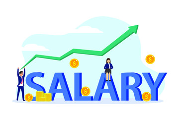 Salary vector concept: Young man and woman standing with salary text while looking at their salary graph on laptop