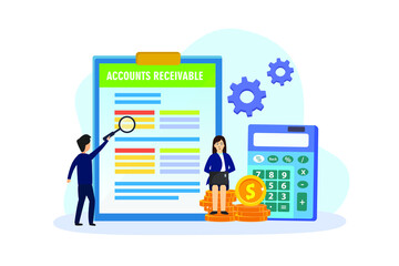 Account receivable vector concept: Business team checking account receivable data on the laptop while looking with magnifying glass
