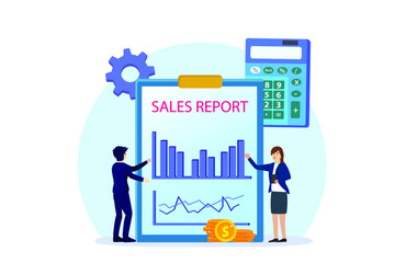 Sales report vector concept: Business team looking at sales report diagram while meeting together 