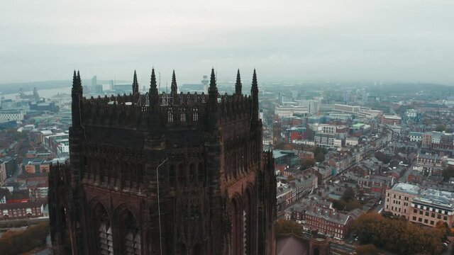 Aerial view of the Liverpool Cathedral or Cathedral Church of Christ of the Risen Christ on St James Mount in Liverpool, UK