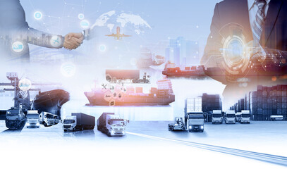 Multiple exposures of Businessman touching smartphone for analyze stock at logistics port and world map with Delivery network distribution on background, transportation trading business concept