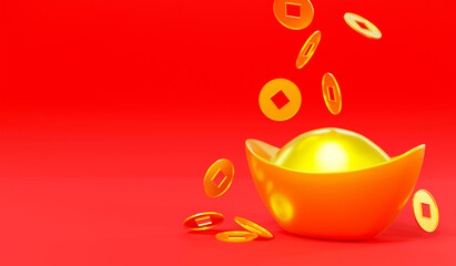 Happy Chinese New Year. Realistic Yuan Bao Chinese gold sycee ingots and coins on red background icon for web design, Feng shui symbol New year lucky gift, Golden ancient China money 3D Rendering